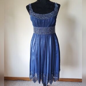 Adrianna Papell Evening Formal 100% Silk Blue Beaded Women's Dress Size 6.